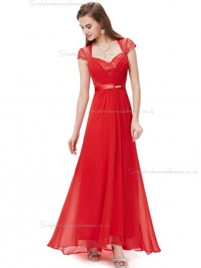 Vintage Red Chiffon V-neck A-line Floor-length Lace Beading Sash Empire Bridesmaid Dress