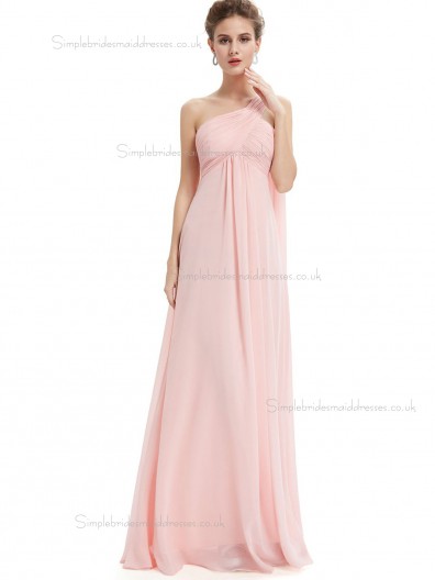 Designer Pink Chiffon One Shoulder A-line Floor-length Ruffles Empire Bridesmaid Dress