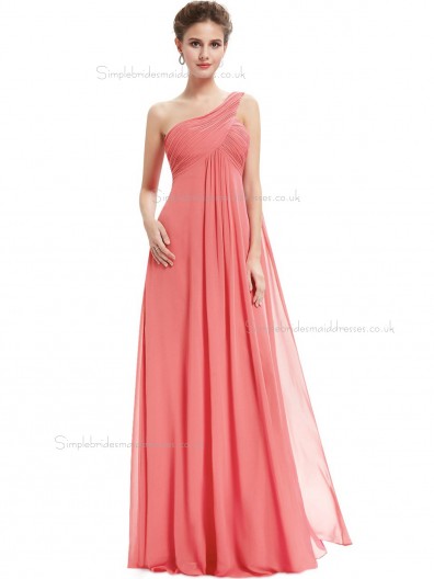 Cheap Girls Watermelon Chiffon One Shoulder A-line Floor-length Ruffles Empire Bridesmaid Dress