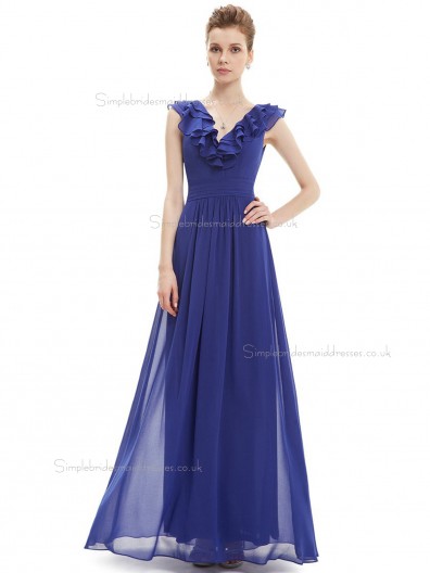 Romantica Blue Chiffon V-neck A-line Floor-length Tiered Natural Bridesmaid Dress