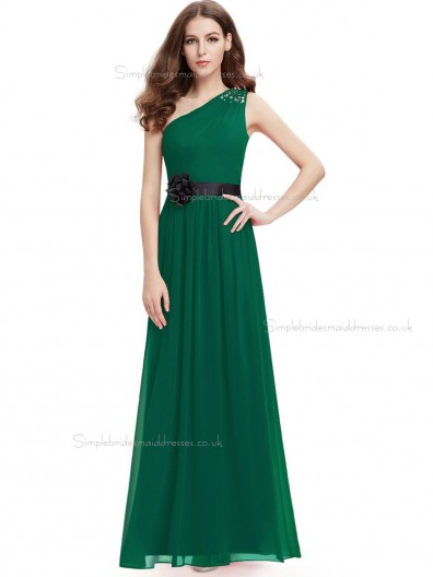 Celebrity Dark Green Chiffon One Shoulder A-line Floor-length Sash Hand Made Flower Beading Natural Bridesmaid Dress