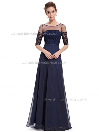 Cheap Dark Navy A-line Chiffon Lace Floor-length Bateau Bridesmaid Dress