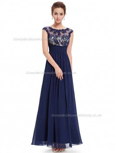 UK Dark Navy A-line Chiffon Lace Floor-length Bateau Bridesmaid Dress