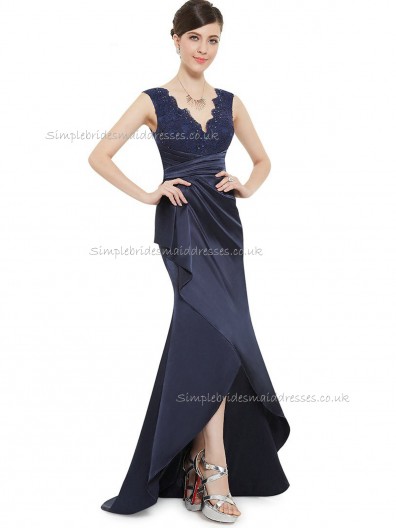 Vintage Amazing Dark Navy Satin Lace Floor-length V-neck Bridesmaid Dress