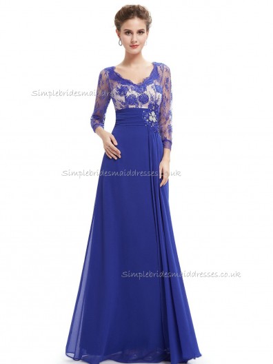 Budget Girls Royal Blue A-line Chiffon Lace Floor-length Bateau Bridesmaid Dress