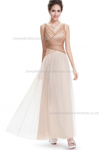 Multicolor Vintage Champagne A-line tulle Floor-length V-neck Bridesmaid Dress