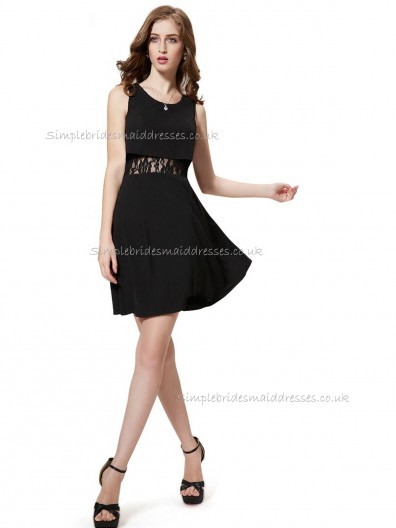 Budget Stunning Black A-line Satin Lace Short-length Bateau Bridesmaid Dress