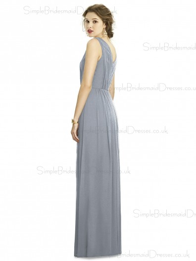 Elegant Silver A-line Ruffles Chiffon V-neck Floor-length Sleeveless Natural Bridesmaid Dress