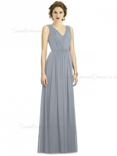 Elegant Silver A-line Ruffles Chiffon V-neck Floor-length Sleeveless Natural Bridesmaid Dress