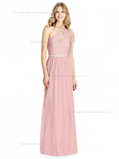 Budget Elegant Sweetheart Candy Pink Belt / Beading Floor-length A-line soft tulle Bridesmaid Dress