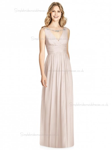 Elegant Celebrity Floor-length Pearl Pink Lux Chiffon Draped V-neck A-line Bridesmaid Dress