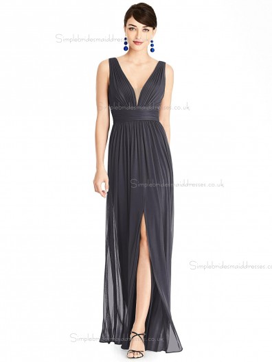Fitted A-line Chiffon Draped Floor-length V-neck Black Bridesmaid Dress