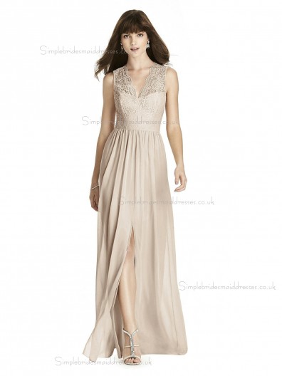 Budget Romantica A-line Lace Lux Chiffon V-neck Pearl Pink floor-length Bridesmaid Dress