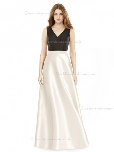 Fitted Discount floor-length A-line Satin V-neck Bridesmaid Dress