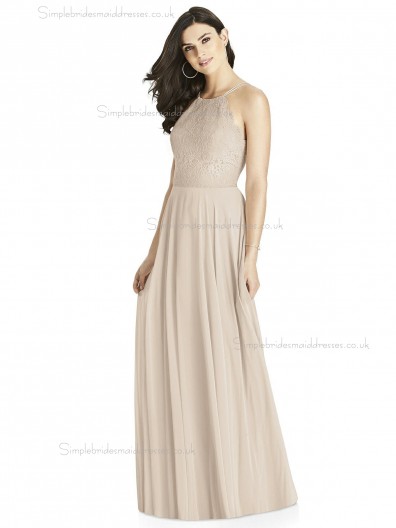 Girls Champagne Chiffon A-line floor-length Lace Bridesmaid Dress