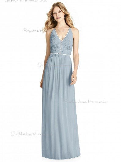 Budget V-neck Ruffles / Beading A-line Chiffon mist Floor-length Bridesmaid Dress