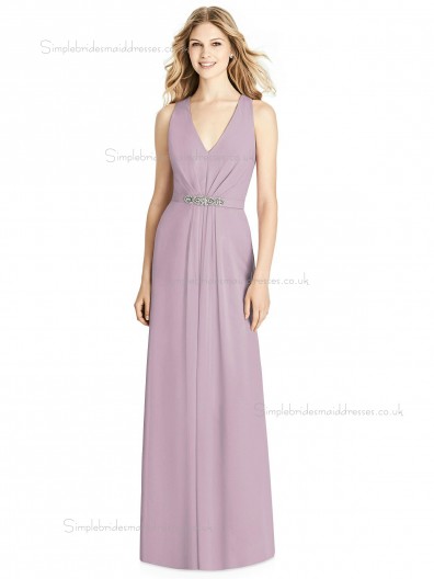 Designer Celebrity A-line Matte Chiffon floor-length suede rose Beading V-neck Bridesmaid Dress