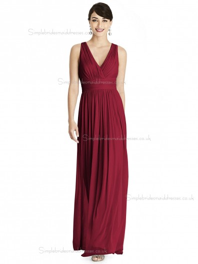 Beautiful Romantica A-line Chiffon V-neck Burgundy floor-length Draped Bridesmaid Dress