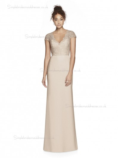 Fitted Girls V-neck Champagne Column / Sheath Lace Lace / Satin floor-length Bridesmaid Dress