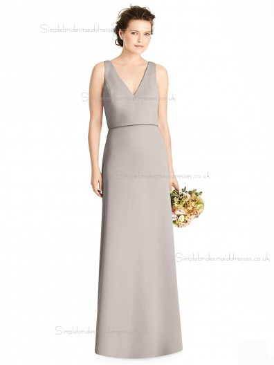 Online Celebrity taupe Bow Satin floor-length Column / Sheath V-neck Bridesmaid Dress