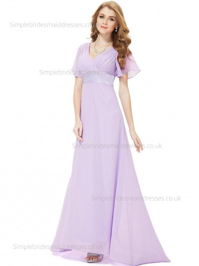 UK Romantica Empire Draped Lavender V-neck A-line Short Sleeve Chiffon Floor-length Bridesmaid Dress