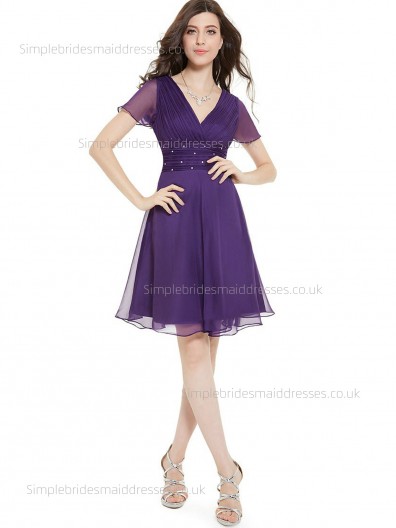 Online Stunning Chiffon V-neck Cap Empire Beading Regency Sleeve A-line Knee-length Bridesmaid Dress