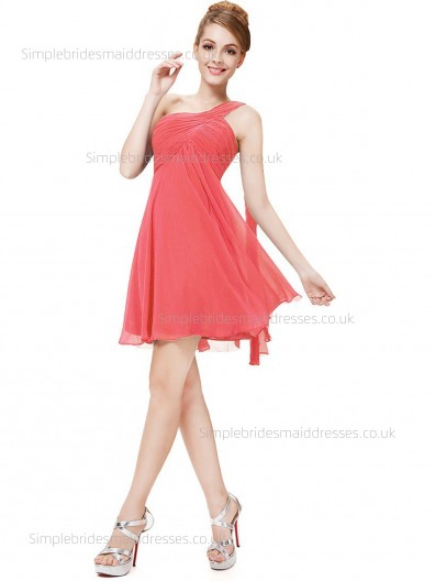 UK Best Sleeveless Chiffon Watermelon Knee-length Empire One Shoulder Draped A-line Bridesmaid Dress