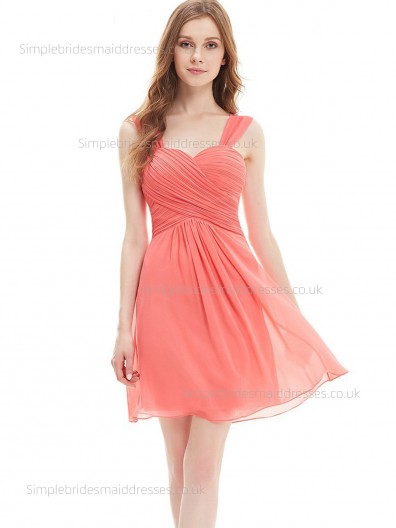 Fitted Girls Sweetheart Draped Chiffon A-line Knee-length Empire Sleeveless Watermelon Bridesmaid Dress