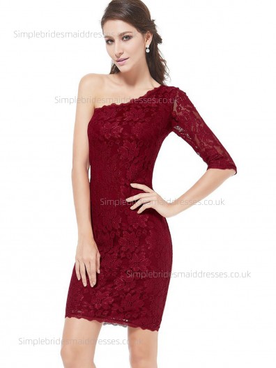 Elegant Amazing Lace One Shoulder Natural Column Sheath Burgundy Half-Sleeve Applique Knee-length Bridesmaid Dress