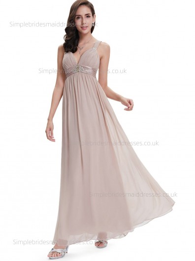 Budget Best Sleeveless Empire A-line V-neck Chiffon Beading Floor-length Bridesmaid Dress