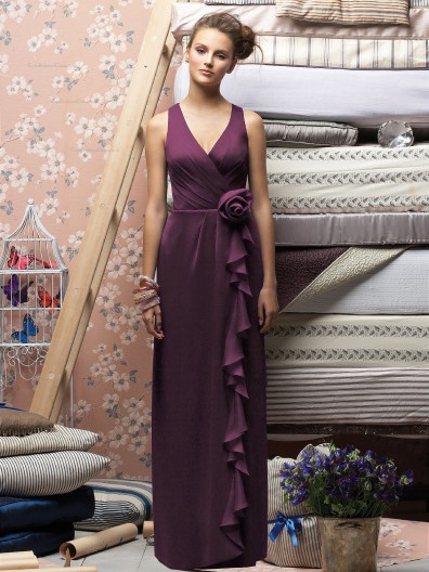 Chiffon V neck Sheath Floor-length Sleeveless Natural Purple Zipper Bridesmaid Dress