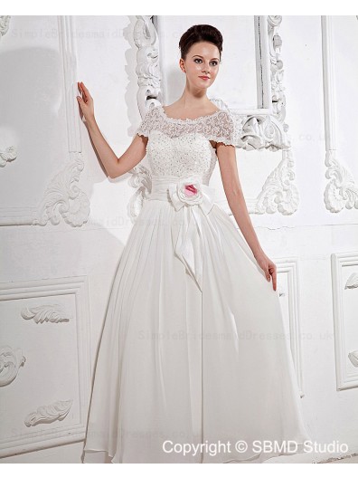Sleeve Satin A-Line Short Empire Zipper Ankle Length Ivory Bateau Lace / Beading / Hand Made Flower Wedding Dress