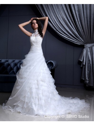 Zipper Ivory Natural Organza / Lace Sleeveless Lace / Beading A-Line / Ball Gown Chapel High Neck Wedding Dress
