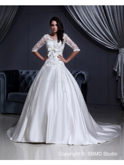 Short Zipper A-Line / Ball Gown Sleeve Satin / Lace Ivory Chapel Natural Lace / Applique V Neck Wedding Dress