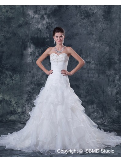 Natural Sleeve Organza Sweetheart Lace Up Ivory Short Beading / Ruffles A-Line Court Wedding Dress