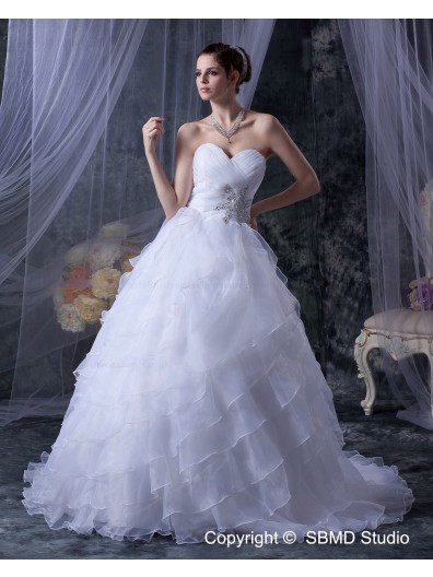 Lace Up Short Sleeve Court A-Line / Ball Gown Beading / Cascading-Ruffles Organza Ivory Natural Sweetheart Wedding Dress