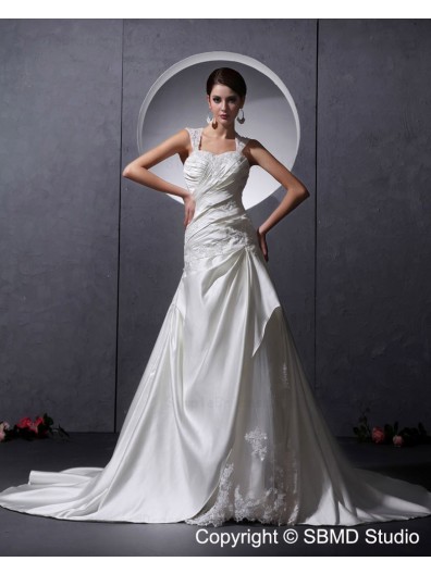 Ivory A-Line Sleeveless Ruffles / Beading / Applique / Buttons Zipper Sweetheart Chapel Satin Natural Wedding Dress