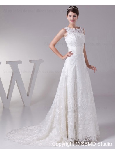 Court Lace Lace Up Lace / Satin / Tulle Sleeveless Empire Bateau Ivory A-line Wedding Dress