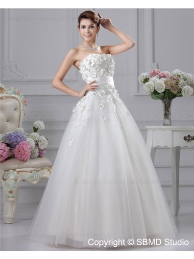 Ivory Satin / Organza A-line Strapless / Beading / Hand Made Flowers Zipper Empire Sleeveless Floor-length Bateau Wedding Dress