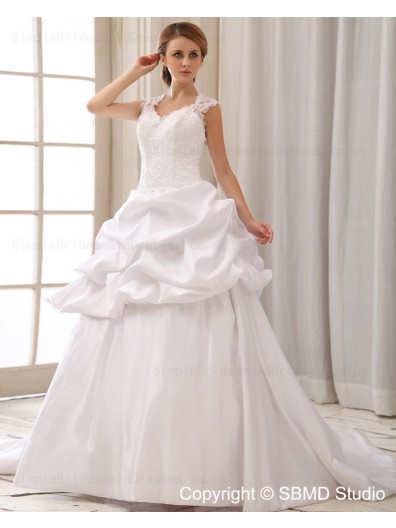 Embroidery / Cascading-Ruffles A-Line Sweetheart Zipper Court Sleeveless Dropped Ivory Satin Wedding Dress
