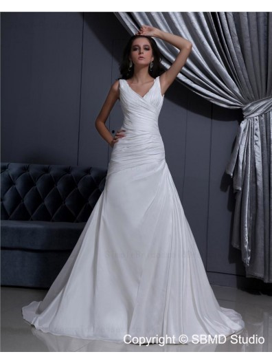 Ruffles Ivory Sleeveless V Neck A-Line Taffeta Natural Court Lace Up Wedding Dress