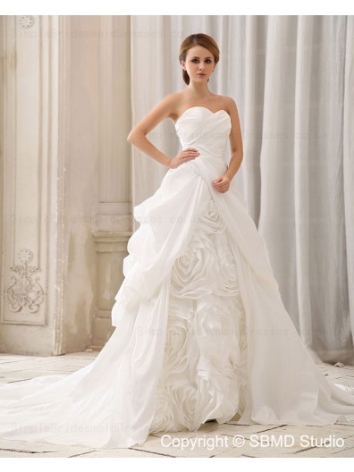 Empire Sweetheart Ivory Taffeta Ruffles / Hand Made Flower Zipper Sleeveless Court A-Line / Ball Gown Wedding Dress