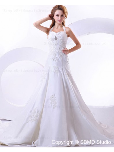 Beading / Applique A-line Natural Halter Taffeta Cathedral Lace Up Ivory Sleeveless Wedding Dress