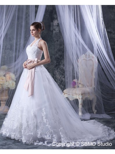 Empire A-line Ivory Sleeveless Lace / Beading / Applique Satin / Organza Halter Zipper Court Wedding Dress