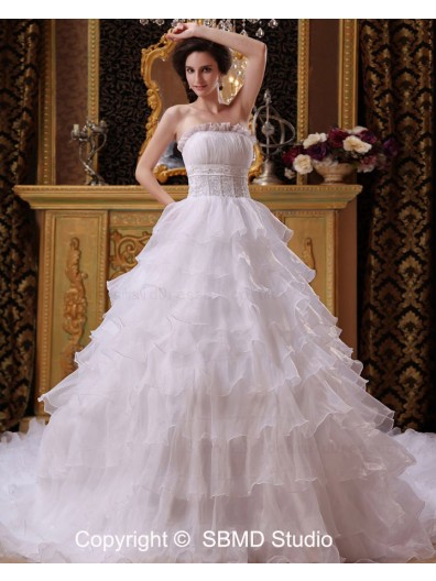 Zipper Ivory Organza Cathedral Empire Strapless / Bateau Sleeveless Beading / Ruffles A-Line / Ball Gown Wedding Dress