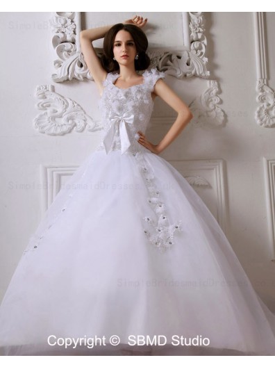 Beading / Bow / Ruffles / Hand Made Flower Sweep Zipper A-Line / Ball Gown Natural Scoop Ivory Satin / Tulle Sleeveless Wedding Dress