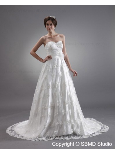 Ivory Satin / Lace Zipper Sleeveless A-line Court Empire Lace / Beading / Applique Sweetheart Wedding Dress