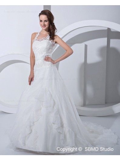 A-line Ivory Natural Satin / Organza Sweetheart / Halter Court Lace Up Applique Sleeveless Wedding Dress