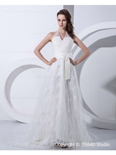A-line Empire Ivory Zipper Court Halter Embroidery / Beading / Bow Satin Sleeveless Wedding Dress