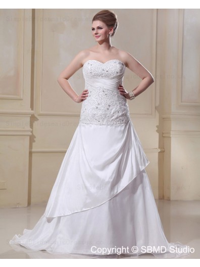 Sleeveless Ivory Sweep Satin / Organza A-line / Plus Lace Up Ruffles / Beading Empire Size Sweetheart Wedding Dress